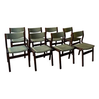 Set of 8 1960s Mid Century Danish Dining Chairs – Vintage Scandinavian Solid Wood Chairs With Green Upholstery For Sale