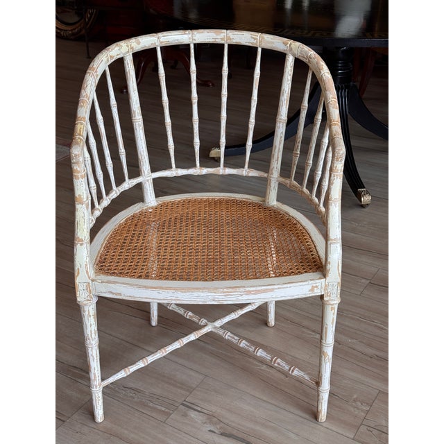 Traditional Set of Four Regency Style White Painted Faux Bamboo Armchairs With Cane Seats For Sale - Image 3 of 13