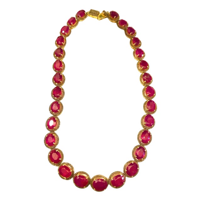 Bochic “Capri” Vintage Ruby & Diamond Necklace & Earring Set 18K Gold & Silver For Sale