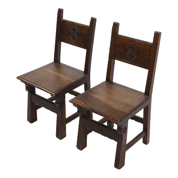 Set of 19th Century Spanish Hand Carved Oak Chairs For Sale