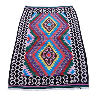 1970s Rainbow Anatolian Hand Knotted Ikat Design Natural Wool Kilim Rug For Sale