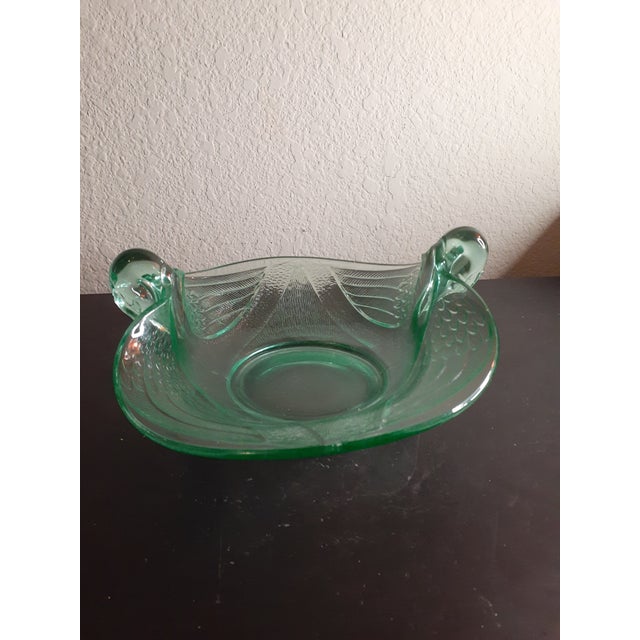 Glass 1950s Vintage Uranium Glass Dual Handle Etched Decorative Bowl For Sale - Image 7 of 8