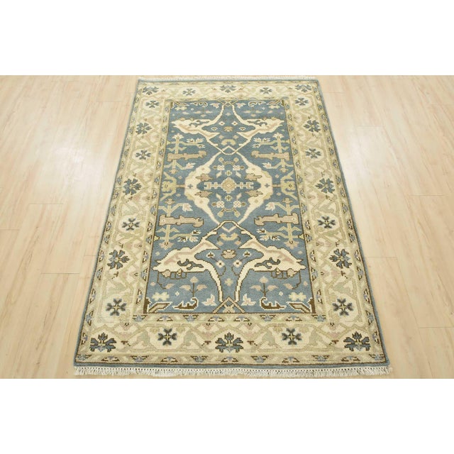 Tribal Oushak Rug 4’1” X 6’1” Blue Wool Tribal Hand-Knotted Oriental Carpet For Sale - Image 3 of 13