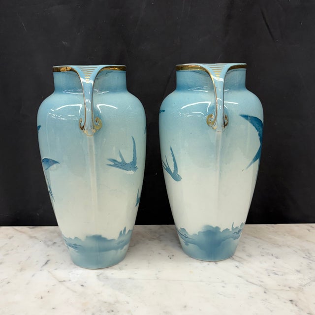 Art Nouveau 19th Century French Faience Three-Piece Vase and Jardinière Set With Swallows by Keller and Guerin For Sale - Image 3 of 16