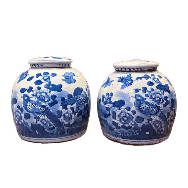 2020s Blue and White Aviary Chinoiserie Ginger Jars - a Pair For Sale - Image 5 of 5