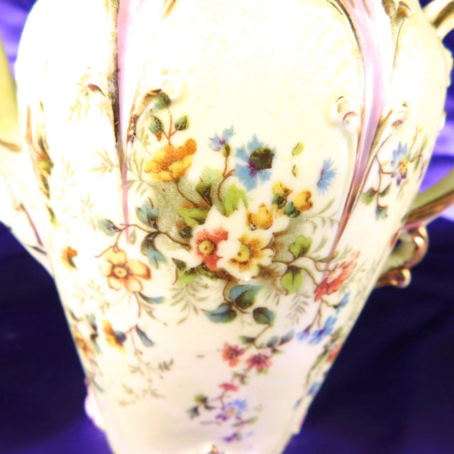 Ceramic 1930s Boho Chic Green and Purple Floral Teapot, Creamer, Milk Jug For Sale - Image 7 of 12