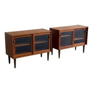 Pair of Danish Mid Century Modern Teak Glass Door Cabinets Display Credenzas Bookcases For Sale