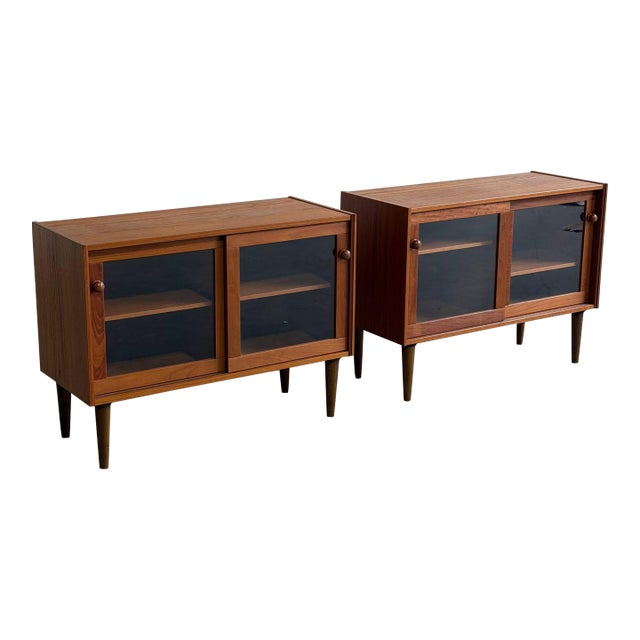 Pair of Danish Mid Century Modern Teak Glass Door Cabinets Display Credenzas Bookcases For Sale