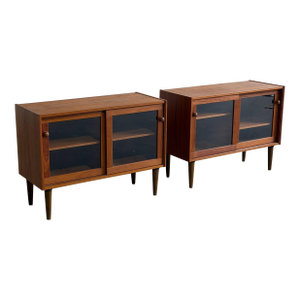 Pair of Danish Mid Century Modern Teak Glass Door Cabinets Display Credenzas Bookcases