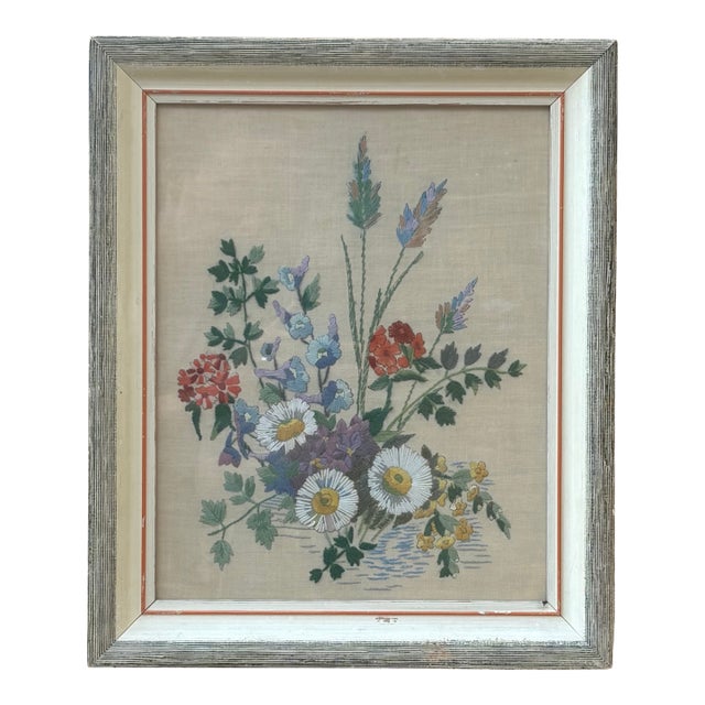 Framed Flower Bouquet Embroidery Piece For Sale