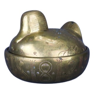 Mid 20th Century Vintage Solid Brass Duck Bird Bowl With Lid Sculpture For Sale