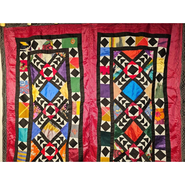 Vintage Uzbek Quilt, Hand-Stitched Silk, Geometric Pattern, Red & Turquoise, 39” X 73” For Sale - Image 11 of 12
