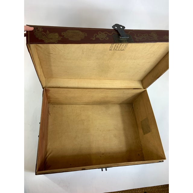 Vintage Chinese Leather Painted Trunk Coffee Table With Wood Stand, Glass Top For Sale - Image 9 of 12