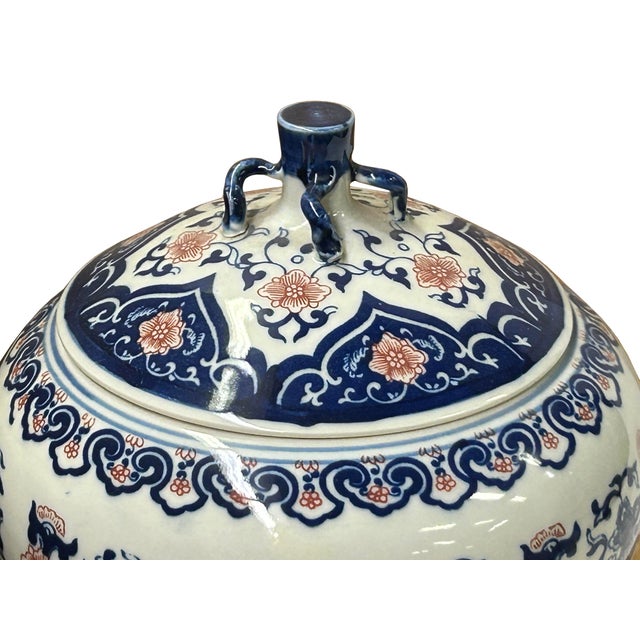 Oriental Blue White Red Symbol Bats Graphic Porcelain Round Container Box For Sale - Image 12 of 12