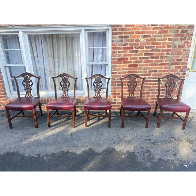 Antique Chippendale Style Mahogany Leather Seat Dining Side Chairs . Set of 5 side chairs. Chippendale style with...