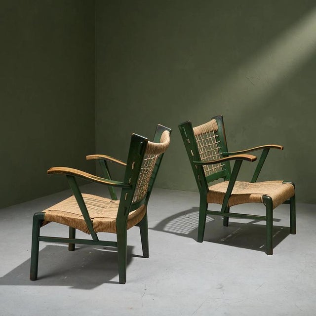 Green Lacquered Chestnut and Papercord I due forni Firenze Armchairs, Italy, Set of 2 For Sale - Image 10 of 10