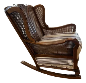 Early 20th Century Wing Back Cane Backed Rocking Chair With New Upholstery