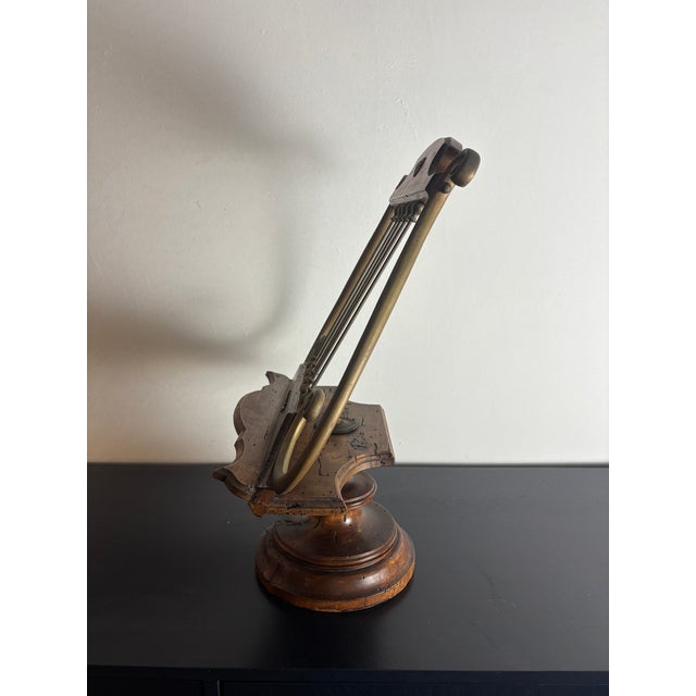 Antique Lyre-Form Music Stand/Book Stand With Brass and Wood Base For Sale - Image 4 of 6