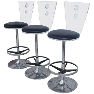 Three Modern Lucite Chrome and Vinyl Stools H Studios For Sale