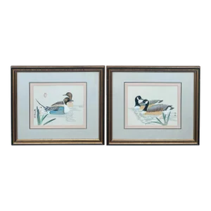 Chinese Geese Gouache Watercolor on Silk Paintings Framed- a Pair