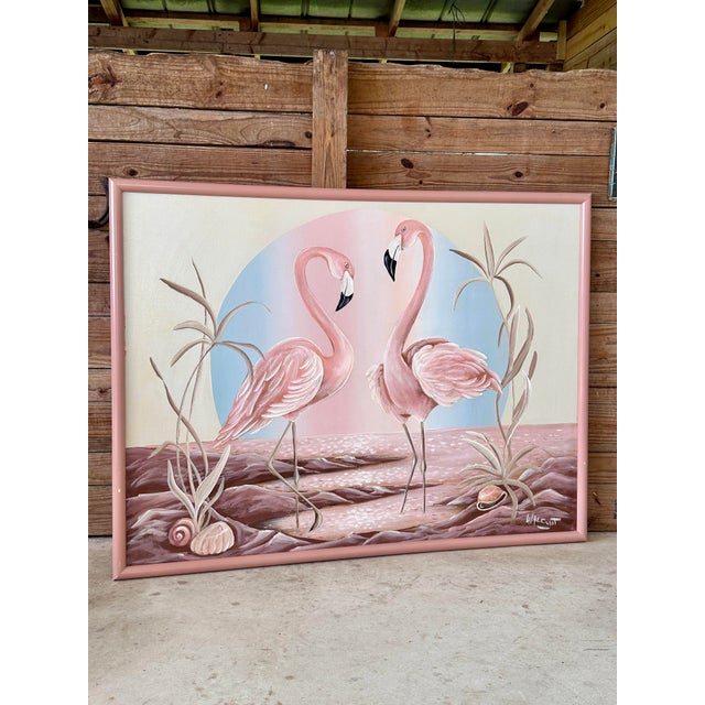 Vintage Coastal Framed Flamingo Painting by Walcutt For Sale - Image 12 of 12