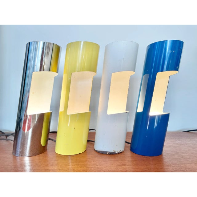Very rare set of four (4) Paul Mayén for Laurel Lamp Company, Chimney Lamps. 1970's. The slanted cylinder, chimney style...