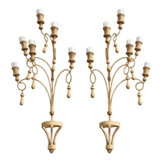 1900s Unique Light Oak French Candle Sconces - a Pair For Sale