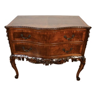 Antique 1920 Louis XV Burl Walnut Lowboy Chest Banded Satinwood Carving Two Drawers For Sale