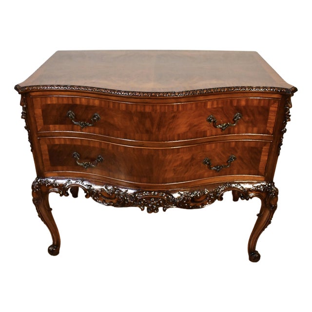 Antique 1920 Louis XV Burl Walnut Lowboy Chest Banded Satinwood Carving Two Drawers For Sale
