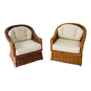 Organic Modern Coastal Braided Rattan Wicker Works Lounge Chairs - Set of 2 For Sale