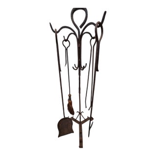 Antique Fireplace Tools Set Arts Crafts Artist Made Hand Forged Wrought Iron For Sale
