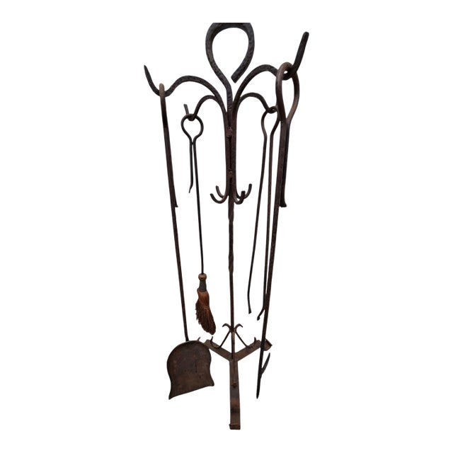 Antique Fireplace Tools Set Arts Crafts Artist Made Hand Forged Wrought Iron For Sale