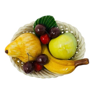 Mid-Century Italian Majolica Hand-Woven Ceramic Fruit Basket Centerpiece For Sale
