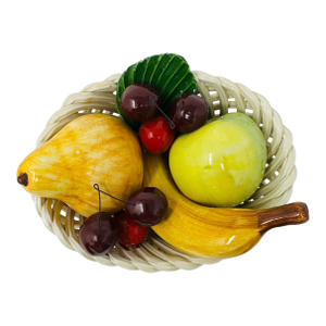 Mid-Century Italian Majolica Hand-Woven Ceramic Fruit Basket Centerpiece