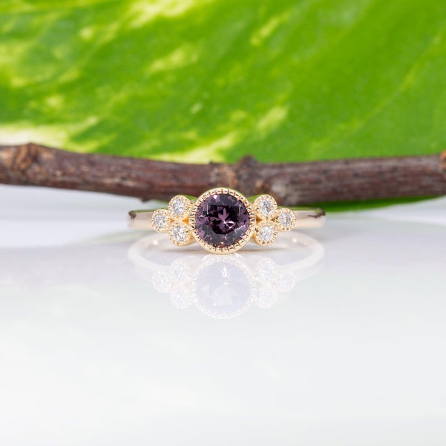 2020s Purple Spinel Ring With Earth-Mined Diamond Accents: Solid 14k Gold, Round 4mm, Size 6.75 For Sale - Image 5 of 9