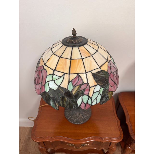 Rose Vintage Art Nouveau Style Rose Stained Glass Desk or Table Lamp For Sale - Image 8 of 10