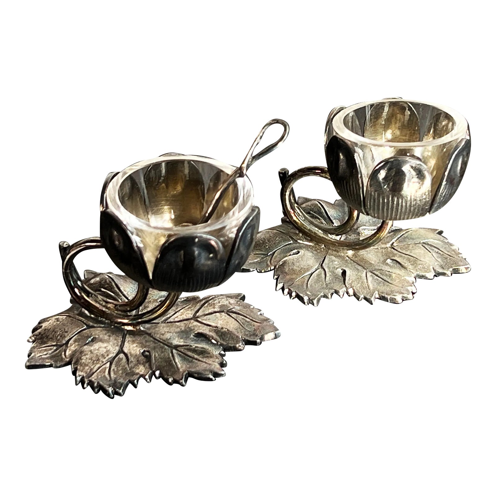 Vintage SIlver Plated Botanical Leaf Open Salt Cellar - a Pair