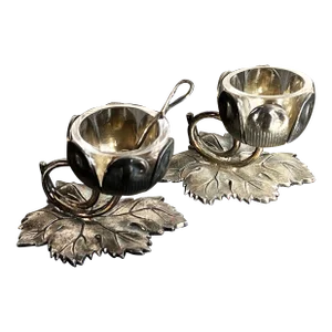 Vintage SIlver Plated Botanical Leaf Open Salt Cellar - a Pair