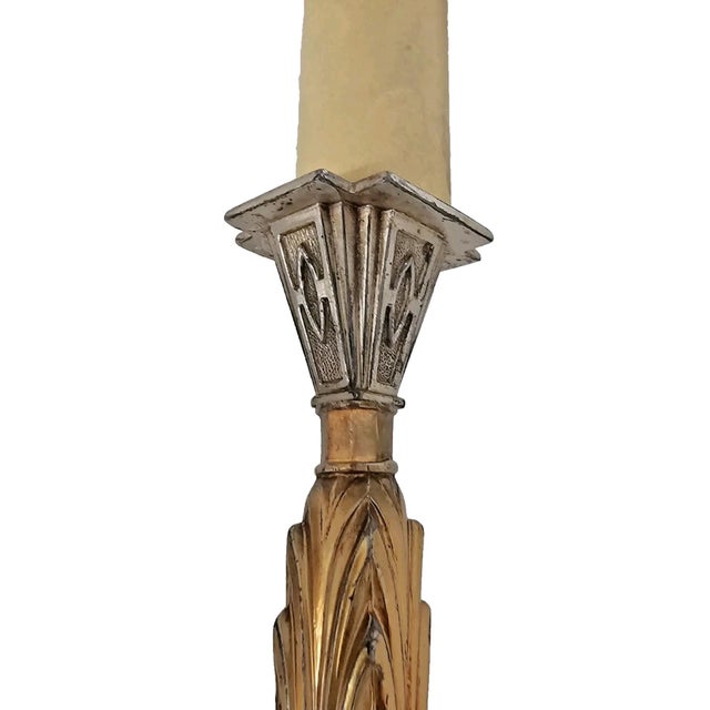 Silver Pair of 1920s Art Deco Bronze Candle Lamps Skyscraper Base, Nickel & Gold Plated For Sale - Image 8 of 18