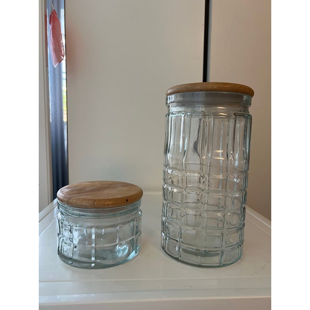 Contemporary Two Glass Canisters Wood Tops For Sale - Image 3 of 8