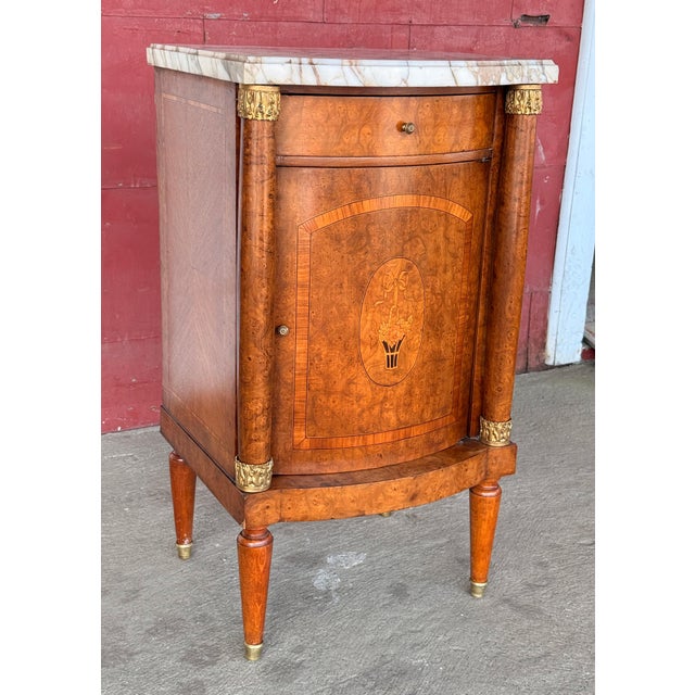 1920s Antique French Empire Style Marquetry Cabinet / Nightstand With Marble Top and Gold Gilt Bronze Mounts For Sale - Image 5 of 13