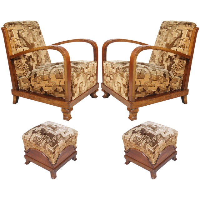 Art Deco Italian Walnut Lounge Chairs and Ottomans from Fortunate Depero, 1920s, Set of 4 For Sale