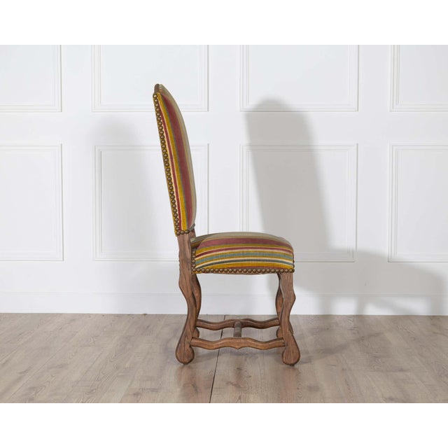 Wood Mid 20th Century Set of Six Pegged Oak Mutton-Leg Dining Chairs with Striped Upholstery For Sale - Image 7 of 9