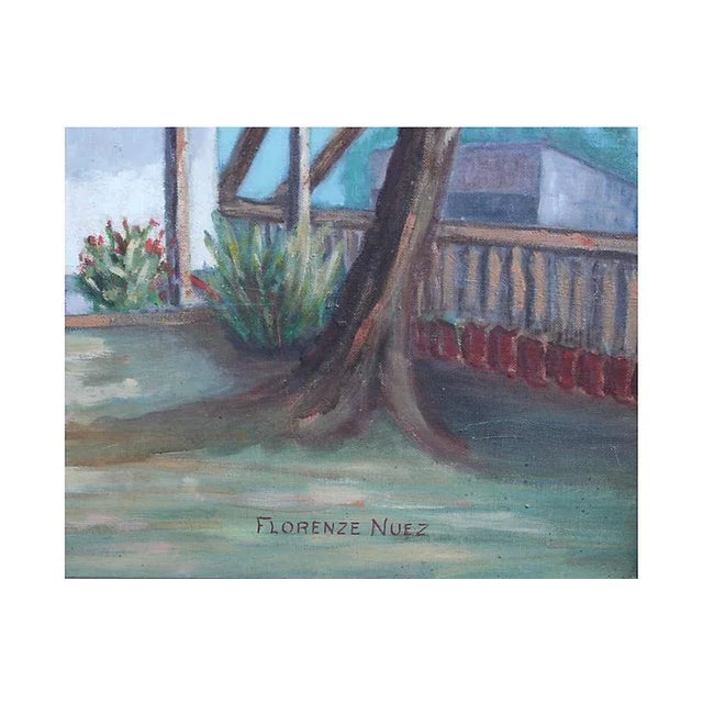 Modern 1950s "Old Spanish Garden" House Portrait Oil Painting by Florence Nuez, Framed For Sale - Image 3 of 5