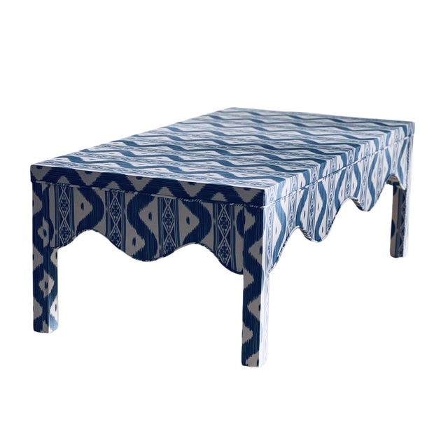 Bunny Williams Home Custom Scalloped Coffee Table in Blue Ikat For Sale - Image 4 of 16