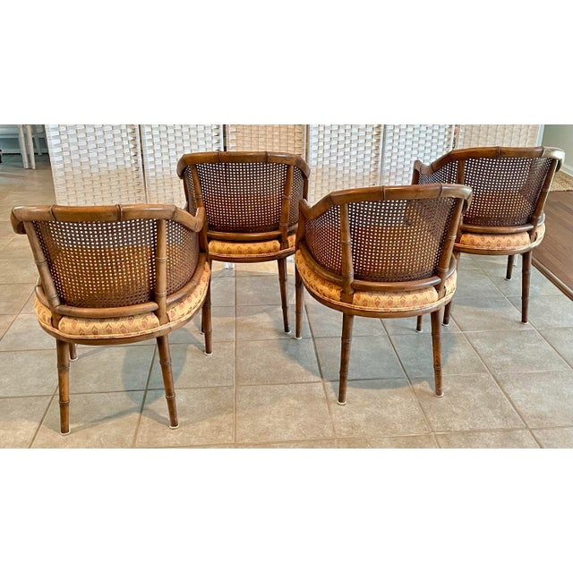 Mid 20th Century Faux Bamboo and Cane Barrel Chairs With Blockprint Upholstery - Set of 4 For Sale - Image 11 of 12