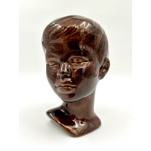 1970s Brown Glazed Ceramic Bust of a Boy For Sale - Image 9 of 12