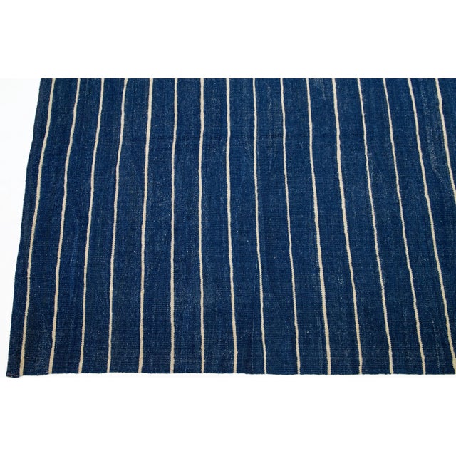 Modern Kilim Flat-Weave Navy Blue Oversize Wool Rug With Stripe Pattern For Sale - Image 4 of 10