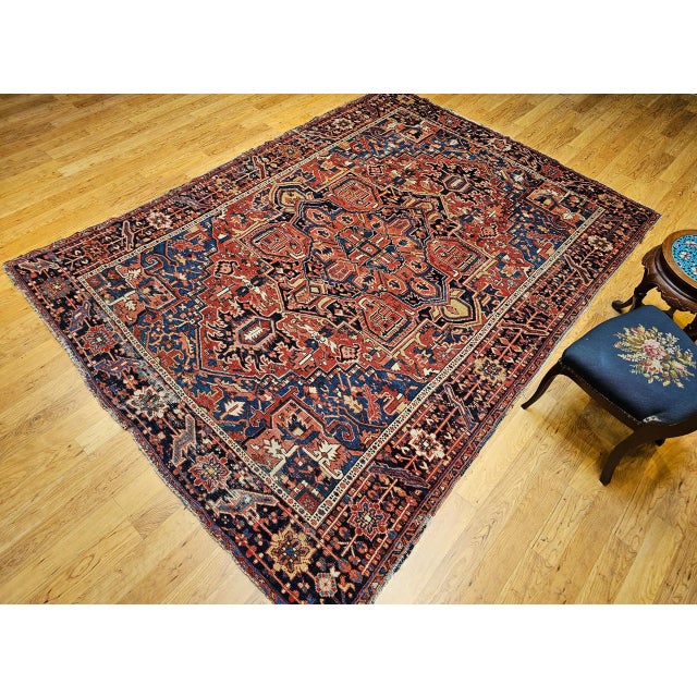 Textile Vintage Persian Heriz Serapi Rug, Hand-Knotted Wool, Geometric Pattern, Rust-Red & Blue, 7x10 For Sale - Image 7 of 18