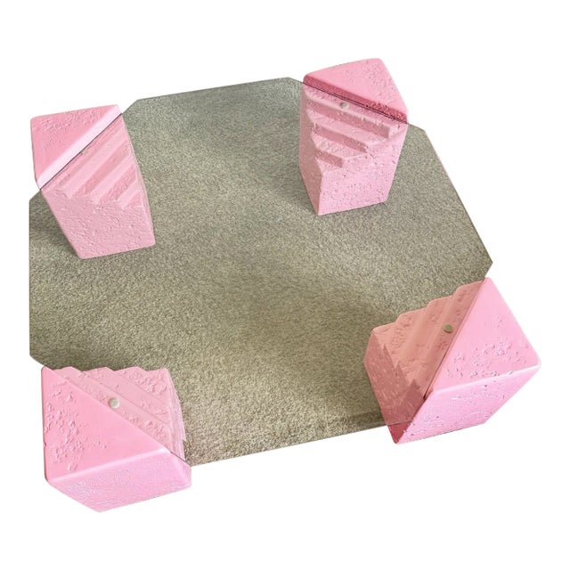 Postmodern Pink Faux Coral Plaster Octagonal Glass Top Coffee Table For Sale